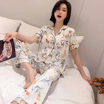 

Women's Summer Ice Silk Short-sleeved Trousers Two-piece Suit Pyjamass Thin Sweet Outdoor Wear Pajamas