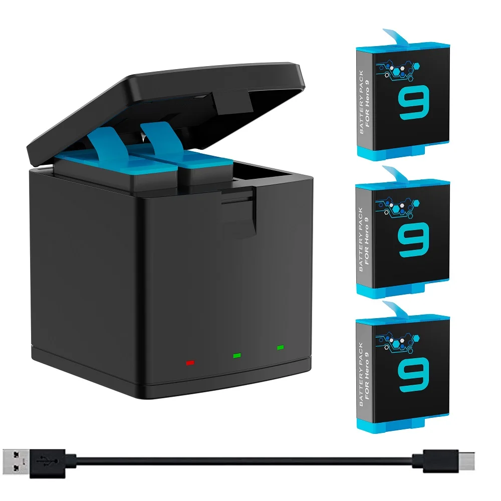 PUEND Сменный аккумулятор GoPro Hero 9 и 3-канальное USB-зарядное устройство для камеры