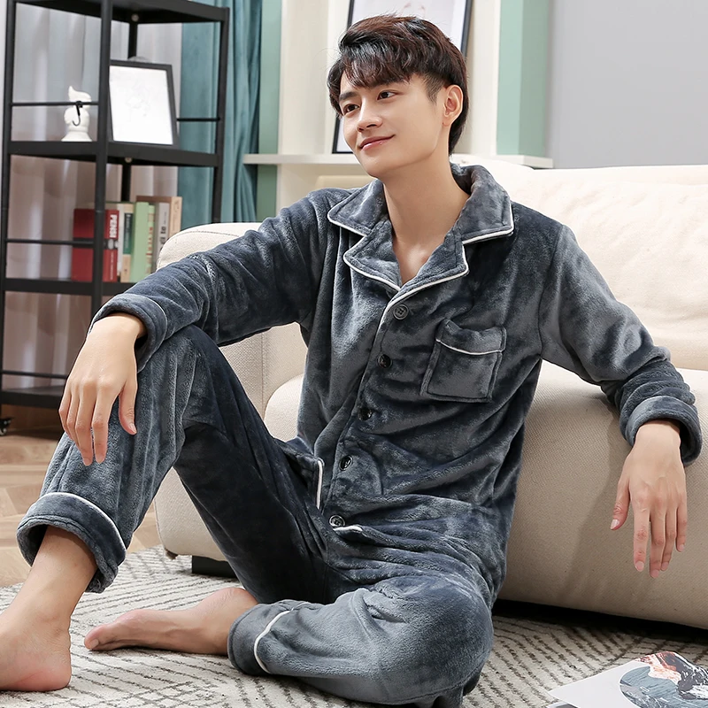 2020 Winter Pajamas Men 2 Pieces  Coral Fleece Lounge Sleepwear for Man Pijamas Home Lounge Clothes Blue Warm Thicken Pyjamas