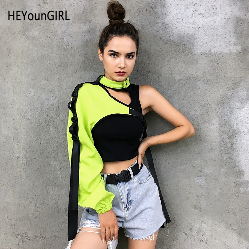 HEYounGIRL неоновый зеленый Открытое плечо Холтер Топ Harajuku черный отражающий Футболка женская хип хоп Уличная одежда футболка Femme