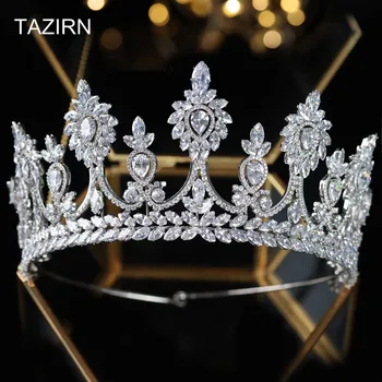 

luxury 5A Full Cubic Zirconia Wedding Bridal Tall Tiara and Crowns Zircon Engagement Headpieces Pageant Hair Jewelry Accessories