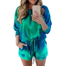 Tie Dye Printed Women Clothing Set Two Piece Long Sleeve Blouses + Shorts Ladies Outfits Fashion Casual Female Clothes Set 2020