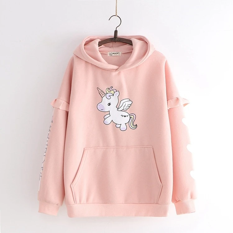 Merry Pretty женские толстовки с капюшоном и принтом единорога из мультфильма с ушками на капюшоне зимние Лоскутные пуловеры с капюшоном и оборками