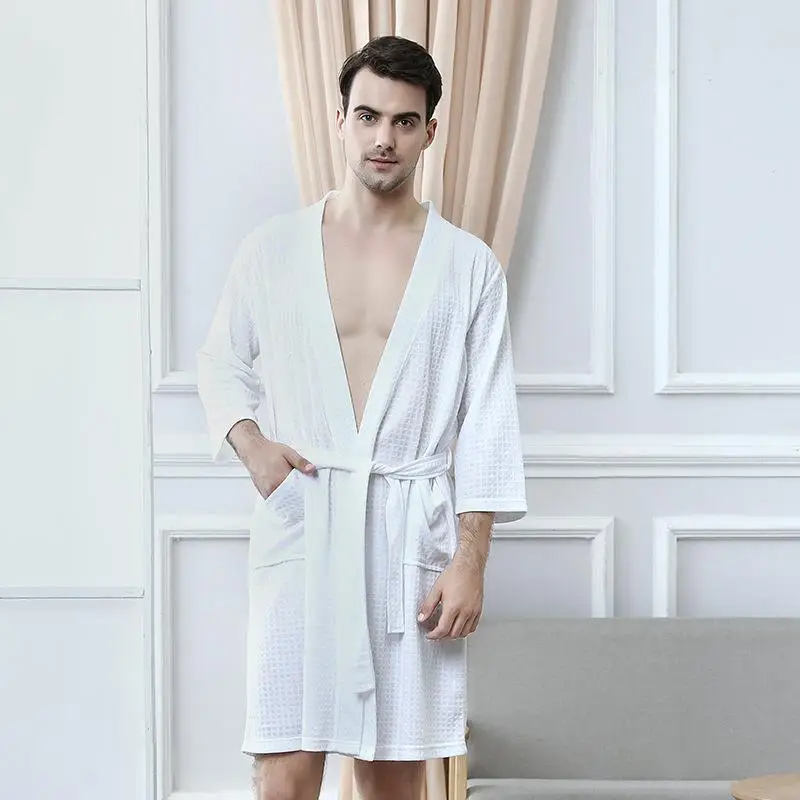 Plus Size 3XL Couple Solid Waffle Nightgown Japanese Style Kimono Bathrobe Gown High Quality Spa Sleep Shirt Casual Home Dress - Цвет: Men White