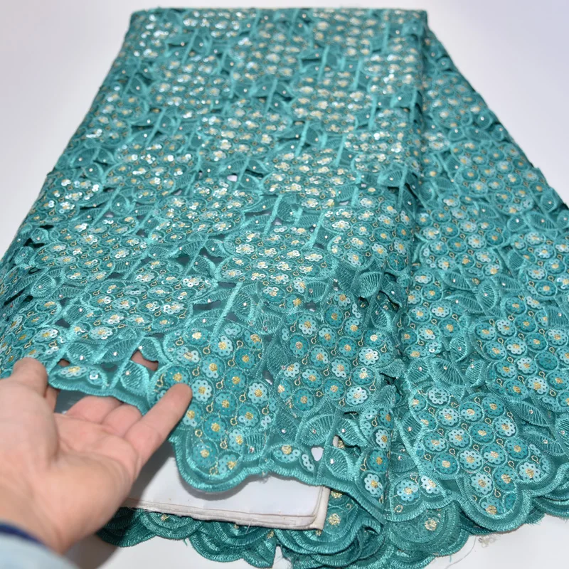 

(5yards/pc) teal green African hand cut organza lace fabric with very beautiful sequins embroidery for high quality dress OP46