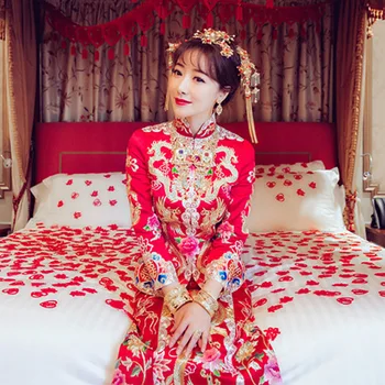 

Fahion Modern Chinese Wedding Dress Qipao Chinese Oriental Dresses Red Bride Satin Cheongsam Long Traditional Women Vintage