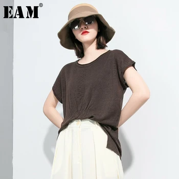 

[EAM] Women Brown Pleated Brief Temperament T-shirt New Round Neck Short Sleeve Fashion Tide Spring Summer 2020 1T865