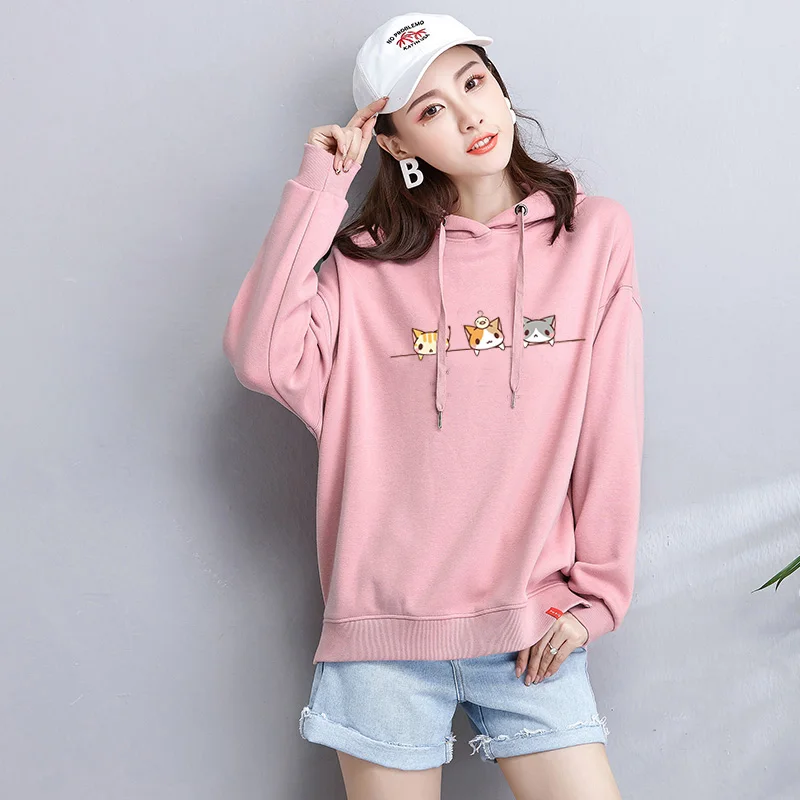 Pink Женские толстовки с котом, худи большого размера kpop kawaii harajuku, женская одежда большого размера плюс, Женская толстовка с принтом на весну и осень - Color: Pink