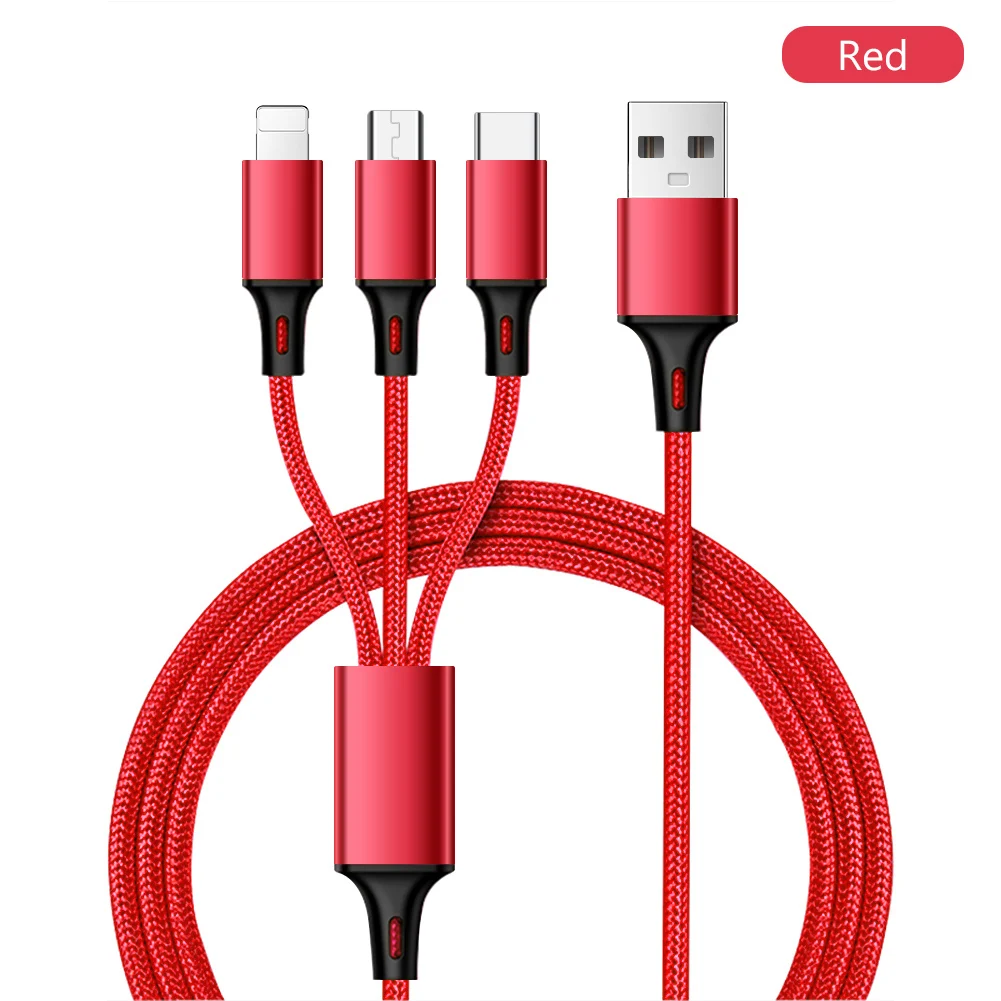 Высококачественный USB кабель с нейлоновой оплеткой, с защитой от электричества, для Micro type C, Lightning, 3 в 1, мульти зарядное устройство для xiaomi iphone - Цвет: Red
