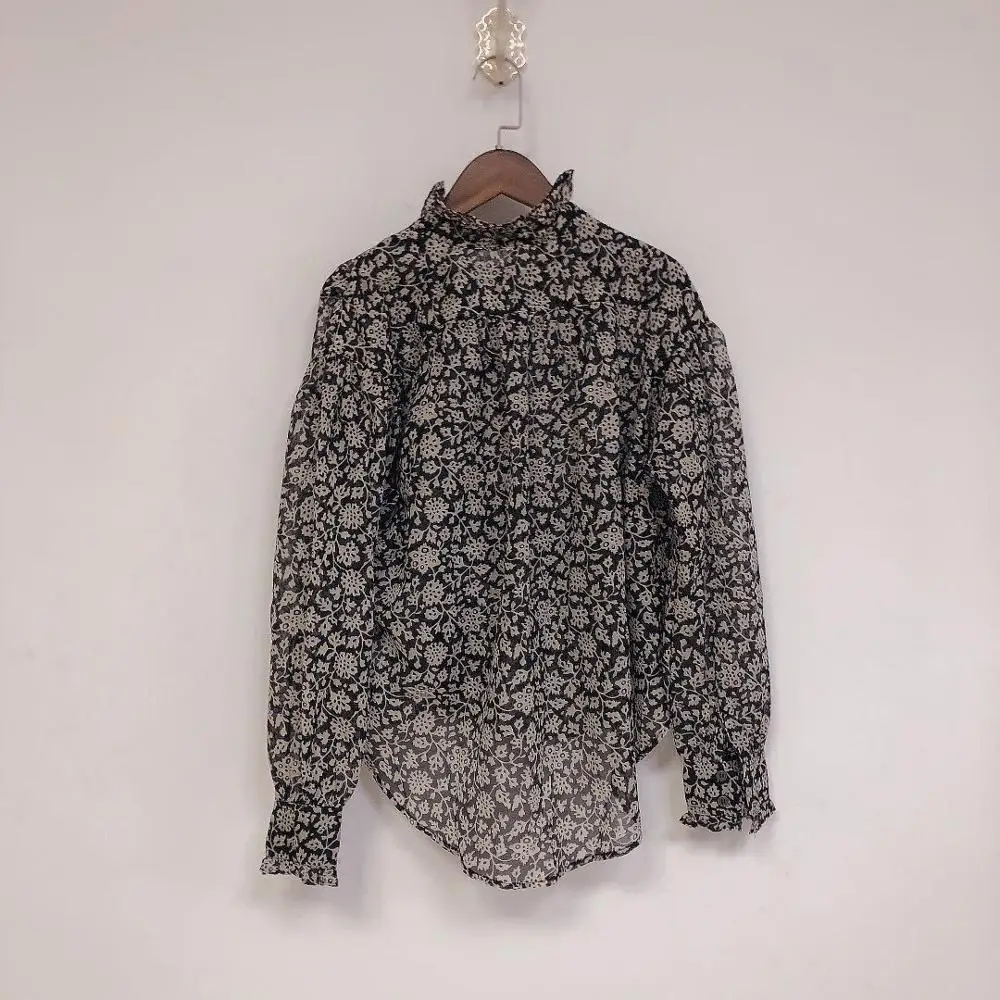 Women Floral Printed Blouse Ruffles Trim Early