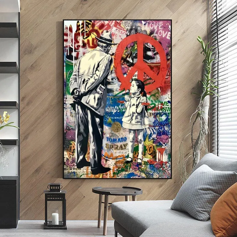 The Grandpa With Girl Abstract Spray Graffiti Canvas Painting On Wall