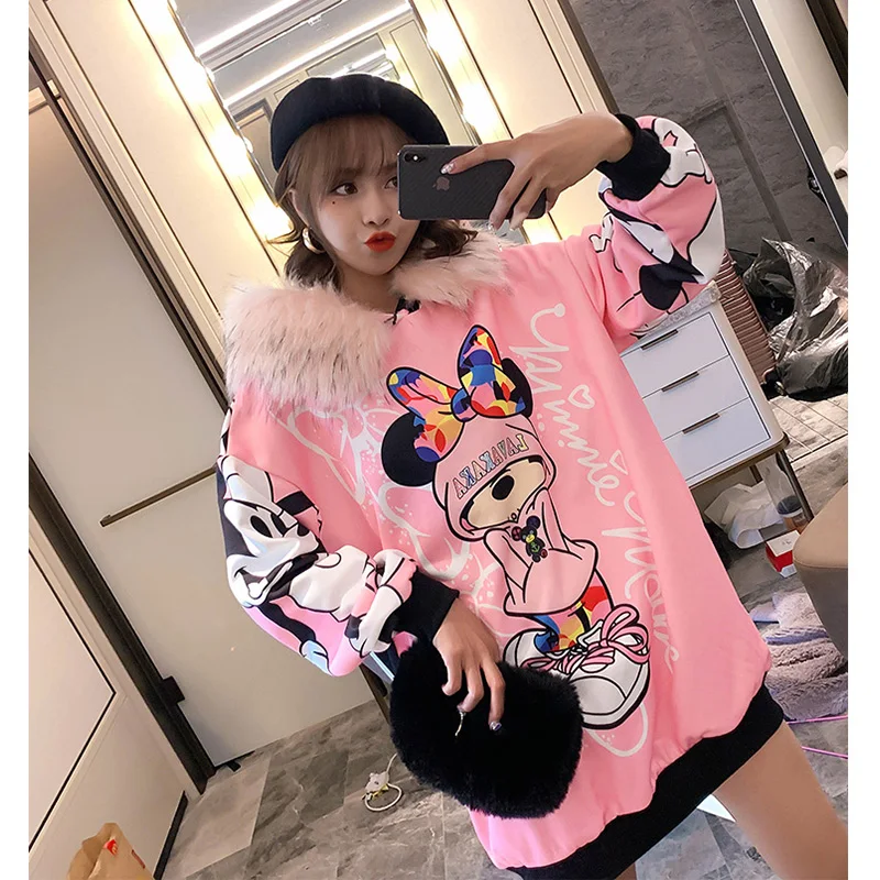 Осень зима 2020 толстовки с меховым воротником и мультяшным принтом модные женские