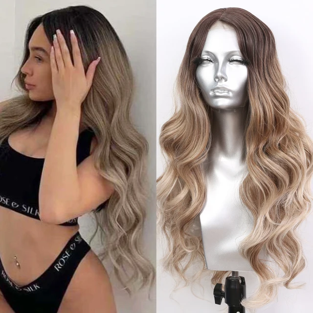 Sivir Synthetic Wigs For Women  Middle Part Ombre Blonde Long Wavy Hair Daily/Party Fiber Natural Hair Wig Heat Resistant 46-GXNYL2368-R612100