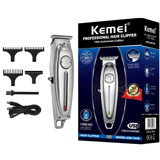 Kemei Professional Hair Clipper All Metal Men Electric Cordless Hair Trimmer 0mm Baldheaded T Blade Finish Haircut Machine 1949 Silver with box