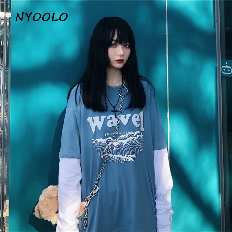 NYOOLO Harajuku стиль с волнистым буквенным принтом поддельные 2 шт. Лоскутная футболка осень уличная одежда с длинным рукавом Футболка для женщин и мужчин Топ