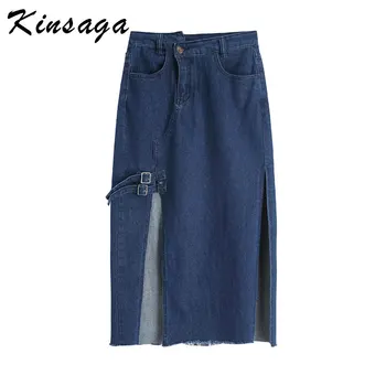 

Women Side Split Long Denim A-line Skirts Casual Slim High Waist Front Bandage Dark Blue Tassel Ankle Length Maxi Skirt