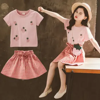 

New Summer Toddler Girls Clothes Set 2020 Fruit Print T-shirt Tops + Plaid Skirt Baby Girl Casual Outfits Children Clothing Suit