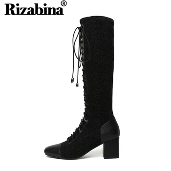 

RizaBina Women Knee High Boots Genuine Leather Gladiator Cross Tied Winter Keep Warm Shoes Women Square Heels Boots Size 33-41