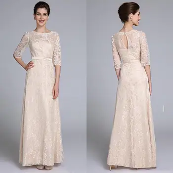 

2020 Champagne Half Sleeve Mother Of Bride Dresses Mermaid Lace Print Long Evening Gown A-Line Floor-Length Wedding Party Dress