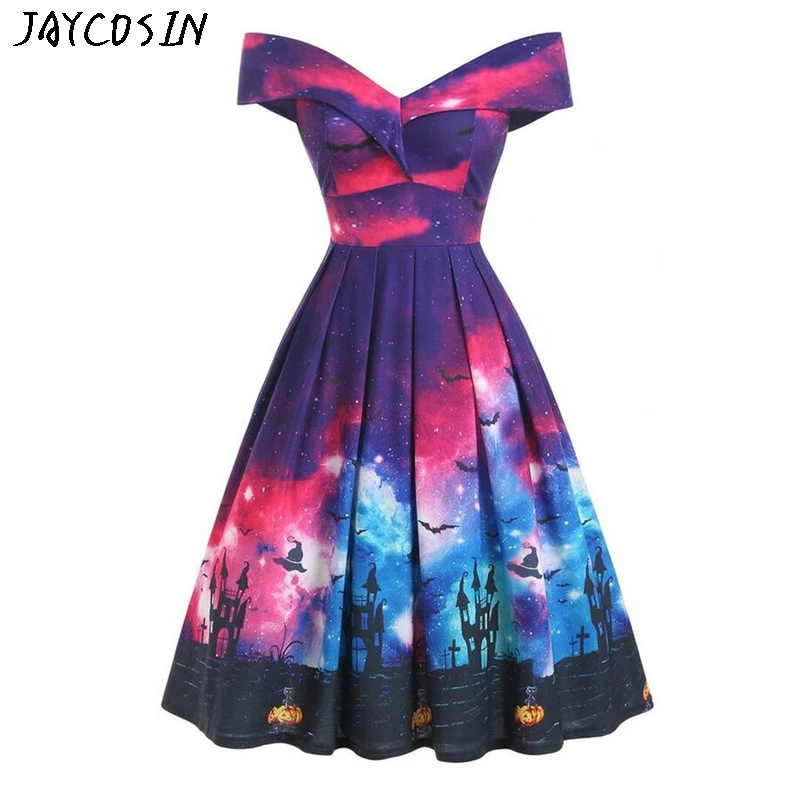 

JAYCOSIN New 2019 Pretty Halloween Dresses Women Vintage Off Shoulder Pumpkin Bat Print Evening Party Dress Jurk Vestidos Drop