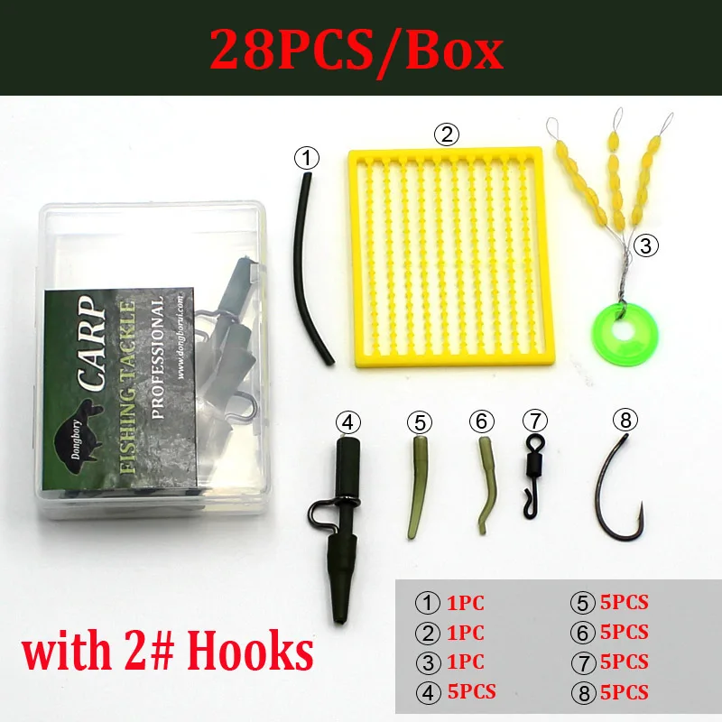 with Hooks Size 2 28 шт. Карп комплект рыболовных принадлежностей Снасти Коробка для карпа волос Rig тефлоновые крючки с покрытием рукава свинцовый зажим наживка остановка - Цвет: with Hooks Size 2