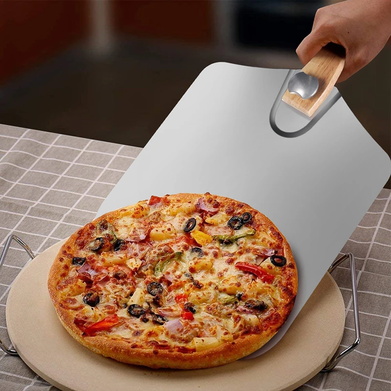 Hemoton Cáscara de Pizza de Aluminio Desmontable Pala de Pizza Mango de Madera Espátula de Pizza Antiadherente Paleta de Pizza Bandeja de Transferencia de Pastel para El Hogar Restaurante 