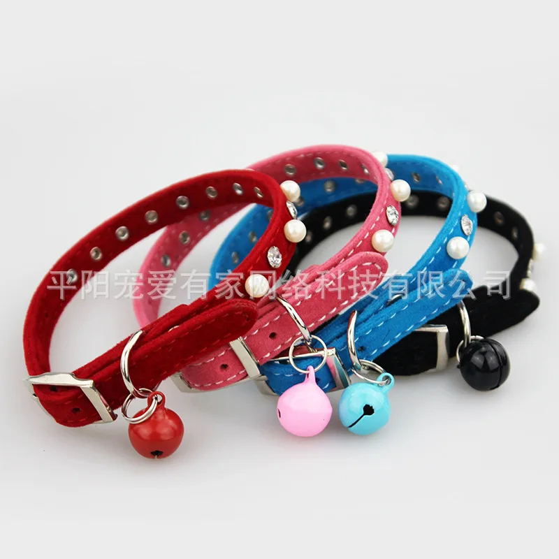 Flocking kitten chain water drill pearl cat collar pet supplies wholesale cat collar bell factory direct multi-color