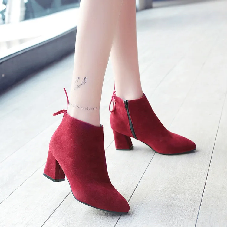 Plush ankle boots women shoes 2019 fashion solid flock high heels women snow boots ladies shoes ZIP pointed toe winter boots  (6)