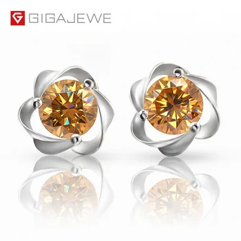 

GIGAJEWE Moissanite Yellow Round Cut Total 1.0ct Lab Grown Diamond 3-Prong Silver Earrings Fashion Jewelry Girlfriend Gift