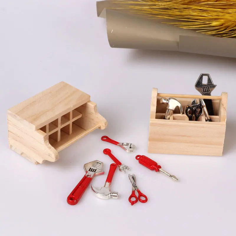 1/12 Mini Repair Tools Hammer Wrench Wooden Toolbox Doll Furniture Model for Miniature Dollhouse Accessoreis Boy Play Tool Games 2