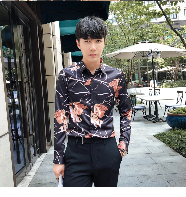2019 с цветочным принтом рубашка Для мужчин Slim Fit повседневные рубашки с длинными рукавами Для мужчин s, для ночного клуба, уличная мода