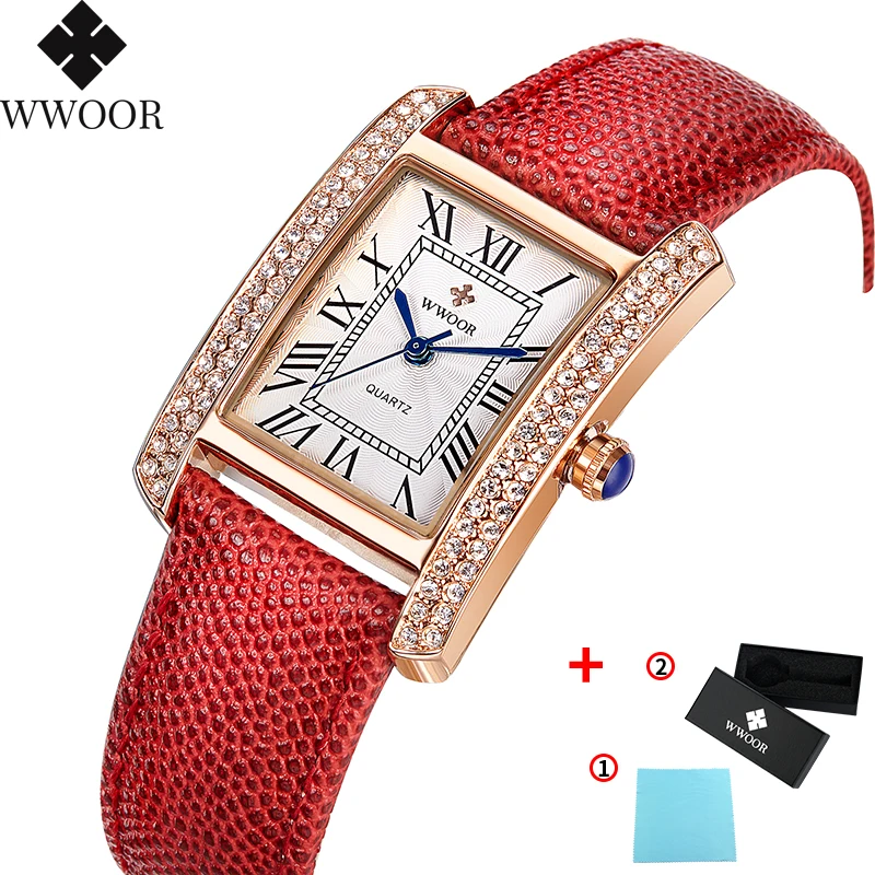 Gold Red Топ бренд, женские часы, модные золотые часы с бриллиантами, красные женские повседневные кварцевые спортивные наручные часы с кожаным ремешком - Цвет: Gold Red