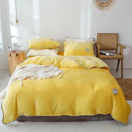 1 Yellow Pink Gray Purple Blue Solid Color Winter Thick Fleece Fabric Bedding set Velvet Flannel Duvet Cover Bed sheet Pillowcases - Цвет: 1