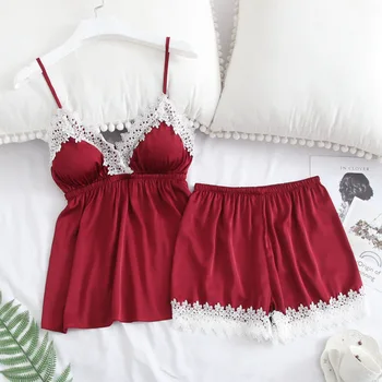 

Women Lace Patchwork 2PCS Strap Top&Shorts Sexy V-neck Pajamas Suit Sleepwear Burgundy Soft Nightwear Sleep Set Lougne Negligee