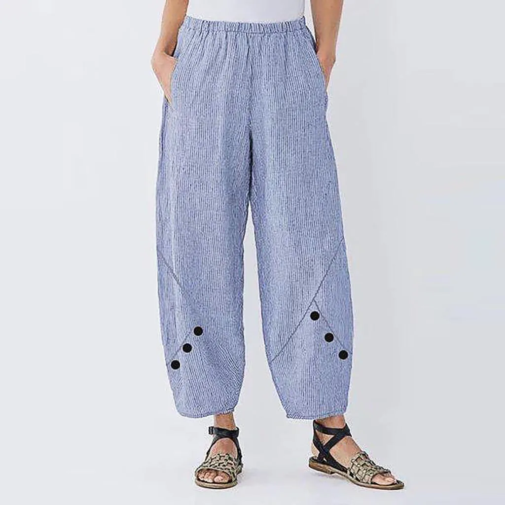 

Plus Size S-5XL Women Cotton Linen Wide Leg Pants High Elastic Waist Stripe Button pantalones mujer Casual Loose Pants Trousers