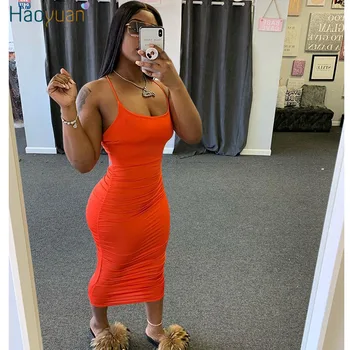 

HAOYUAN Sexy Ruched Bodycon Midi Dress 2020 Summer Clothes for Women Spaghetti Strap Backless Bandage Night Party Club Dresses