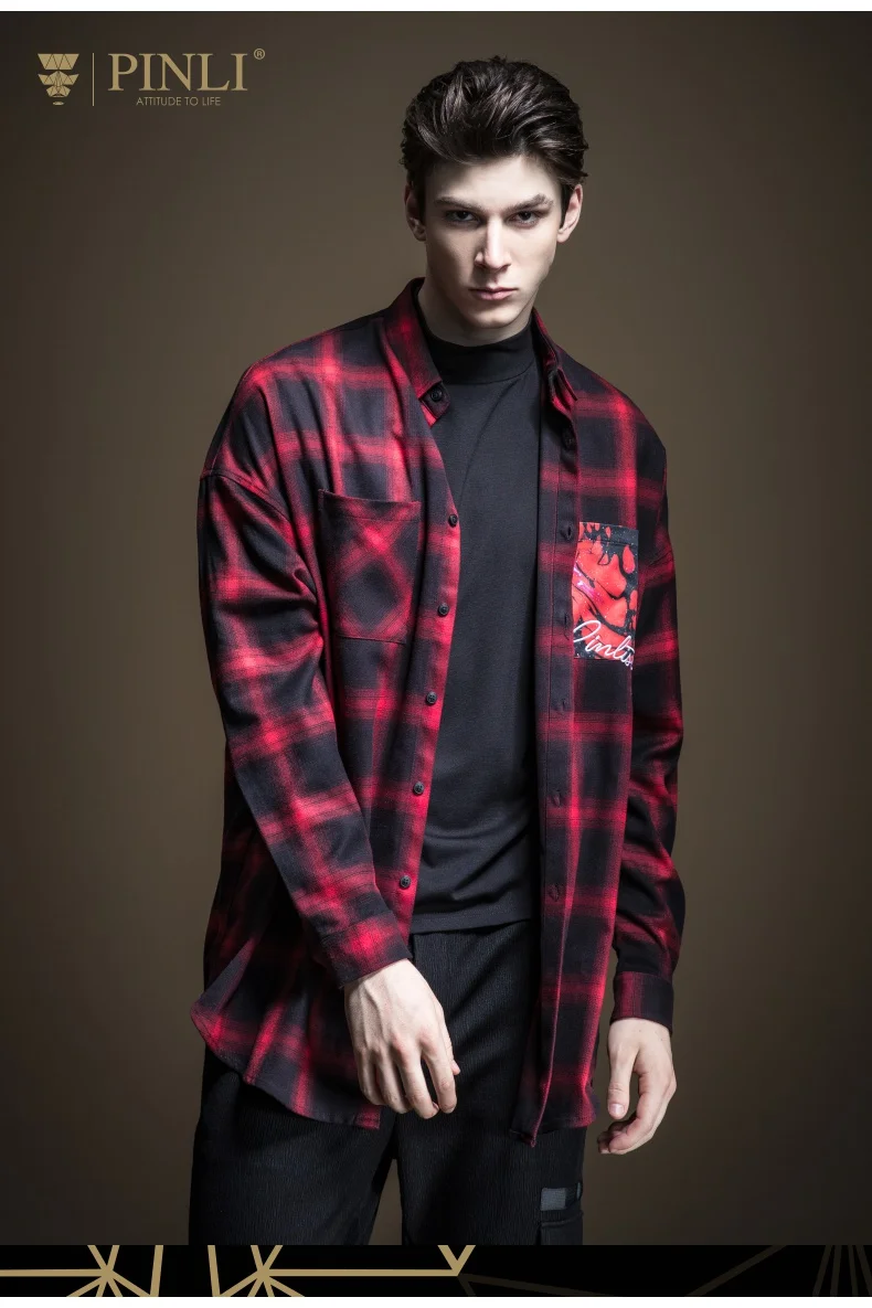 Blusas распродажа Camiseta Masculina Pinli осень Новая мужская рубашка с воротником-капелькой и наплечным принтом с длинными рукавами B193213174