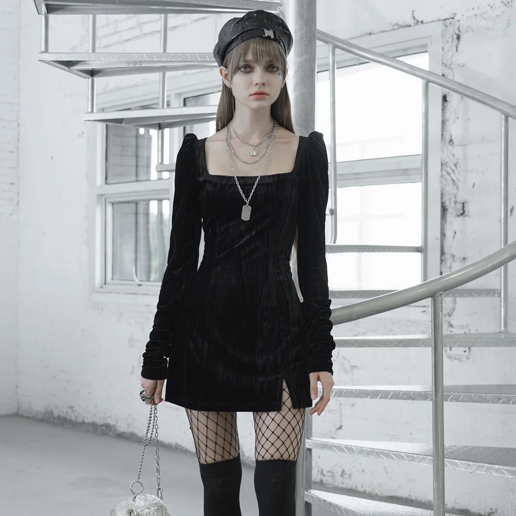 PUNKRAVE Для женщин готика бархат квадратный воротник обтягивающая одежда платье