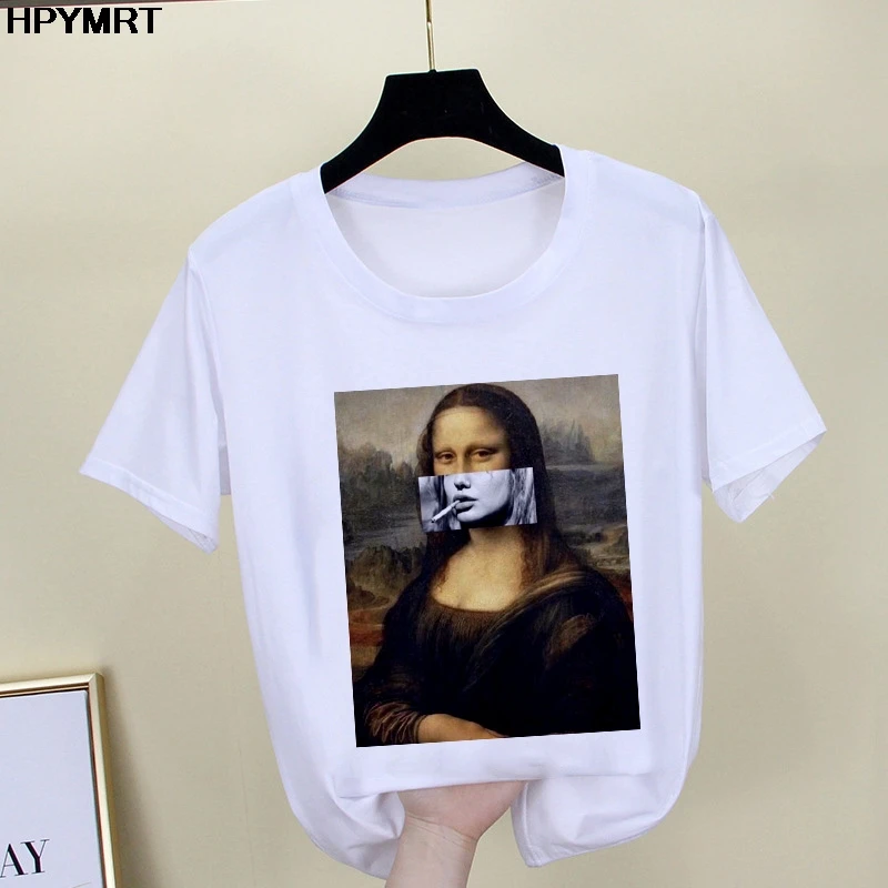 2020 New summer spoof Mona Lisa Print T Shirts Women aesthetics funny Tshirts Casual Short Sleeves Tops t-shirt Female Clothing
