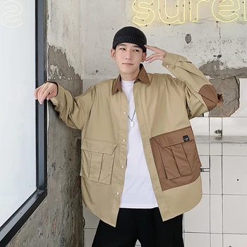

2019 Autumn And Winter New Korean Men's Wild Drop Sleeves Multi-pocket Tooling Wash Color Casual Harajuku Shirt Streetwear