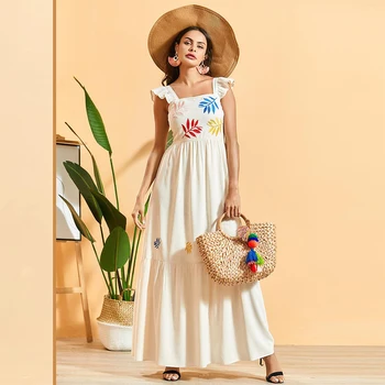 

Boho Floral Embroidery Maxi Dress Women Slim White Spaghetti Strap Sweet A-line Swing Pleated Sleeveless Open Back Long Dresses