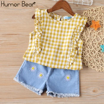 

Humor Bear Girl Clothes Suit Summer New Plaid Sleeveless Top+Denim Shorts 2PCS Set Children Baby Kids Toddler Girls Clothing