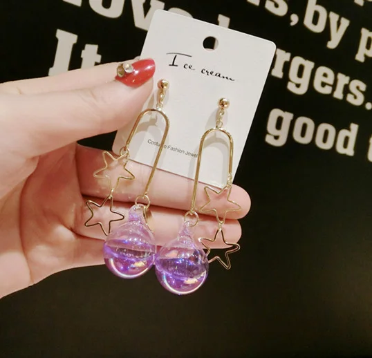 Purple Корейские модные женские висячие серьги, аксессуары, стекло, вода, поло, пузыри, двойная звезда, Цветные Висячие вечерние серьги - Окраска металла: Purple