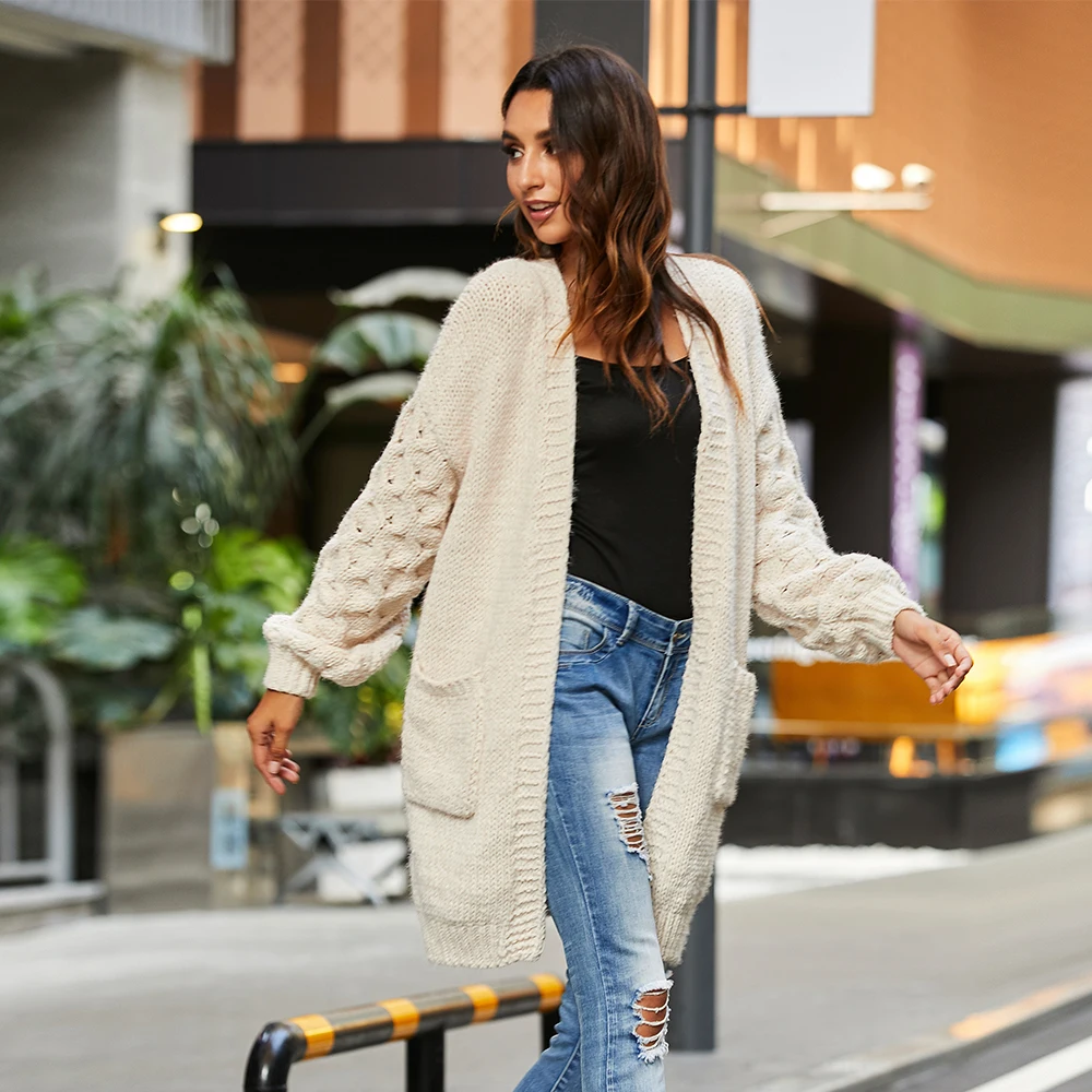 Cgyy Women's White Color Open Front Pure Long Warm Knitted Bubble Sleeve Cardigan  Sweater Plus Size Outerwear With Pockets - Cardigan - AliExpress