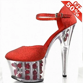 

7 Inch Platform Heels Transparent Crystal Round Heels Pumps 15cm Bling Rose Red Elegant Lady Bridal Shoes Party Shoes White Show