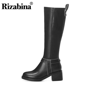 

RIZABINA Knight Boots Woman Genuine Leather Knee High Boots Side Zipper Solid Color Thick Heel Shoes Women Footwear Size 33-42