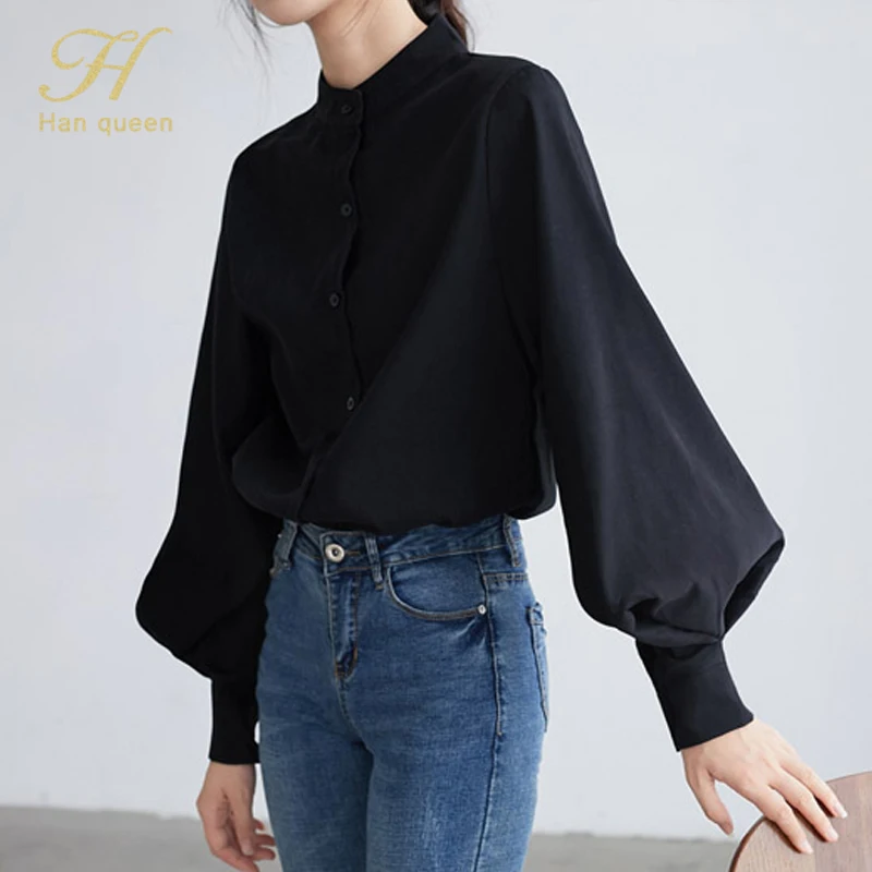 H Han queen Женские топы с рукавами-фонариками винтажные блузки элегантная рубашка большого размера Повседневная шифоновая блузка осень Blusa - Цвет: black