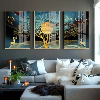 

Home Decor Golden Abstract Deer Tree Bird Wall Art Canvas Painting Nordic Posters Prints Decorative Pictures for living Room