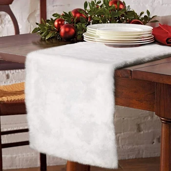 

Fashion-Faux Fur Christmas Table Runner, Winter Snowy White Table Runner for Christmas Holiday Table Decoration 2Pcs