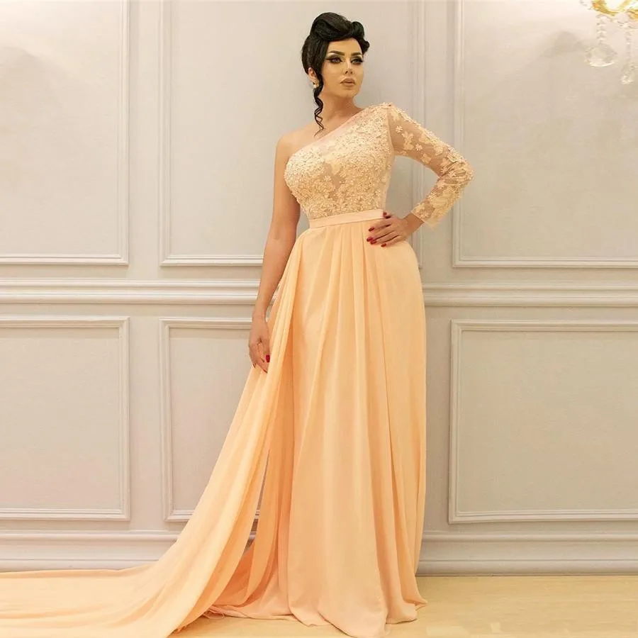 

2020 One Shoulder Long Sleeves Chiffon Evening Dresses Lace Beaded Custom Made Prom Party Gowns robe de soriee